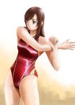  absurdres brown_eyes brown_hair competition_swimsuit cowboy_shot highres long_hair one-piece_swimsuit original solo stretch swimsuit zazi 