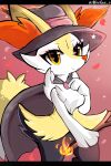  1girl absurdres animal_ear_fluff animal_ears animal_hands animal_nose artist_name black_cape black_fur black_headwear body_fur braixen cape closed_mouth clothed_pokemon commentary_request cowboy_shot ears_through_headwear eyeshadow fire fox_ears fox_girl fox_tail furry furry_female hand_on_own_chest hand_up happy hat highres holding holding_stick letterboxed looking_at_viewer makeup meeka multicolored_fur neck_fur orange_eyes petals pokemon pokemon_(creature) red_background red_eyeshadow smile snout solo sparkle split_mouth standing star_(symbol) stick tail twitter_username watermark white_fur witch witch_hat yellow_fur 