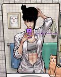  1girl abs animal_on_head artist_name ayaki_d black_hair breasts brown_eyes cat cellphone cleavage commentary english_commentary grey_sports_bra highres holding holding_phone medium_breasts mirror mixed-language_commentary on_head original partially_unbuttoned phone portrait_(object) reflection selfie shirt short_hair sink sleeves_rolled_up smartphone smile solo sports_bra tomoka_(ayaki) toned towel twitter_username watermark white_shirt 