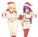  2girls :d bikini blonde_hair blush boots breasts burn_scar capelet cleavage cookie feet_out_of_frame food front-tie_bikini_top front-tie_top fur-trimmed_boots fur-trimmed_capelet fur_trim glass hat ikezawa_hanako katawa_shoujo knee_boots large_breasts leaning_forward looking_at_viewer microskirt milk multiple_girls navel purple_eyes purple_hair red_footwear rtil santa_bikini santa_hat satou_lilly scar simple_background skirt smile swimsuit thigh_boots white_background 