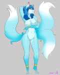2023 4:5 5_fingers absurd_res anklet anthro armlet biped blue_body blue_fur blue_hair bracelet breasts canid canine canis countershading devilscry digital_media_(artwork) digitigrade eliam_(devilscry) english_text female fingers fox fur genitals hair heterochromia hi_res jewelry mammal multi_tail multicolored_body multicolored_fur narrowed_eyes navel nipples nude pussy silver_alopex simple_background smile solo standing tail text two_tone_body two_tone_fur white_body white_fur