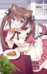  1girl :o animal_ears apron armchair blue_eyes blush bow breasts brown_hair cat_ears cat_girl cat_tail chair chestnut_mouth double-parted_bangs dress food frilled_apron frilled_dress frills gingham_bow gingham_dress hair_between_eyes hair_ribbon highres holding holding_food looking_at_viewer lying maid miyasaka_miyu on_side original pie ribbon small_breasts solo tail tail_bow tail_ornament twintails 