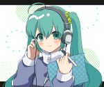  1girl ahoge blush cable green_eyes green_hair hair_ornament hair_scrunchie hand_on_headphones hatsune_miku headphones high_collar highres holding holding_paper holding_stylus jacket looking_at_viewer paper rooibos scrunchie smile solo stylus track_jacket twintails upper_body vocaloid 