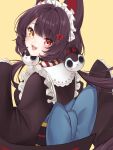  1girl absurdres animal_ears back_bow black_kimono blue_bow bow brown_hair dog_ears fangs heterochromia highres inui_toko inui_toko_(1st_costume) japanese_clothes kimono long_hair low_twintails maid maid_headdress nijisanji open_mouth red_eyes simple_background smile solo swept_bangs twintails ume_maru_(spi_art) very_long_hair virtual_youtuber wa_maid white_headdress wide_sleeves yellow_background yellow_eyes 