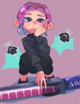  1boy black_footwear black_pants black_sweater blue_eyes blue_hair commentary_request full_body gradient_hair highres inkling_(language) multicolored_hair nastar_r0 octoling octoling_boy pants pink_hair purple_background shoes short_hair solo splatana_stamper_(splatoon) splatoon_(series) splatoon_3 squatting sweater sword tentacle_hair two-tone_hair unamused weapon 