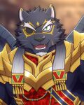  1boy animal_ears bara commentary_request fangs feathered_wings furry furry_male green_eyes jaguar_boy jaguar_ears looking_at_viewer male_focus open_mouth oro_(ororwide11) tezcatlipoca_(housamo) tokyo_afterschool_summoners upper_body wings 