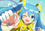  1girl blue_eyes blue_hair blush clenched_hand fingerless_gloves fitness_boxing gloves hair_ornament hatsune_miku headset highres hood hoodie incoming_attack incoming_punch long_hair long_sleeves looking_at_viewer one_eye_closed open_mouth polka_dot polka_dot_background punching rooibos smile solo sparkle vocaloid zipper_pull_tab 