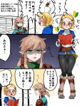  1boy 1girl black_pantyhose blonde_hair blush book boots braid crown_braid d: full_body green_eyes hair_ornament hairclip highres knee_boots link long_hair open_book pantyhose parted_bangs pointy_ears ponytail princess_zelda speech_bubble standing teeth the_legend_of_zelda the_legend_of_zelda:_tears_of_the_kingdom translation_request upper_teeth_only wasabi_(legemd) wavy_mouth white_background 