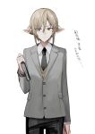  1boy black_necktie black_pants blazer blonde_hair chihuri closed_mouth collared_shirt final_fantasy final_fantasy_xiv green_eyes grey_jacket hair_between_eyes hair_over_one_eye hand_up highres holding jacket male_focus necktie pants pointy_ears school_uniform shirt simple_background solo standing sweater_vest translation_request white_background white_shirt zephirin_de_valhourdin 