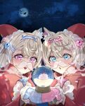  2girls animal_ear_fluff animal_ears bandaid bandaid_hair_ornament blonde_hair blue_gloves blue_hair blush dog_ears dog_girl fake_facial_hair fake_mustache fang fur-trimmed_headwear fur_trim fuwawa_abyssgard gloves hair_ornament hairpin hat highres hololive hololive_english long_hair looking_at_viewer mococo_abyssgard multiple_girls night night_sky nyas0123 open_mouth perroccino_(fuwamoco) pink_gloves pink_hair red_headwear santa_costume santa_hat siblings sidelocks sisters sky snow_globe star_(sky) starry_sky twins two_side_up virtual_youtuber x_hair_ornament 