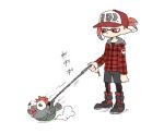  1boy baseball_cap breast_pocket buttons chain chain_leash dust_cloud grey_shorts hat holding holding_leash inkling inkling_boy leash motion_lines orange_hair plaid plaid_shirt pocket pointy_ears red_eyes red_shirt salmonid shirt shorts simple_background smallfry_(splatoon) splatoon_(series) standing tentacle_hair teo_(teorekka) white_background 