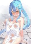  1girl absurdly_long_hair blue_hair breasts cleavage collarbone covered_navel covered_nipples fog highres holding hololive large_breasts long_hair naked_towel nude onsen pointy_ears see-through sen_(central_9029) simple_background steam towel very_long_hair virtual_youtuber wet wet_clothes wide_hips yellow_eyes yukihana_lamy 