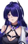  1girl absurdres acheron_(honkai:_star_rail) ahoge black_choker breasts choker cleavage commentary_request hair_ornament hair_over_one_eye highres honkai:_star_rail honkai_(series) long_hair porkadas22 purple_eyes purple_hair simple_background single_bare_shoulder solo upper_body white_background 