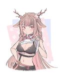  1girl absurdres ahoge animal_ears antlers black_bra black_choker bra braid brown_hair choker clothes_lift deer_antlers deer_ears exitus flower hair_flower hair_ornament hand_on_own_hip highres kannazuki_lubee long_hair midori_xu open_mouth pink_eyes pink_flower pink_hair shirt side_braids skirt skirt_lift sleeveless sleeveless_shirt solo underwear very_long_hair virtual_youtuber 