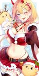  &gt;_&lt; 1girl azur_lane belt bird blonde_hair blush border box breasts brown_gloves candy candy_cane chick christmas crop_top cross_hair_ornament food gift gift_box gloves gyaru_v hair_between_eyes hair_ornament hands_up horns kumano_(azur_lane) kyouya0514 large_breasts manjuu_(azur_lane) miniskirt navel one_eye_closed open_mouth outside_border purple_eyes red_horns red_nails red_skirt sharp_teeth single_glove skirt smile stomach teeth thighhighs tongue tongue_out v white_border zettai_ryouiki 