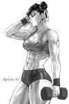  1girl abs black_hair breasts chun-li cleavage drying dumbbell greyscale highres monochrome muscular muscular_female robusta_mania short_shorts shorts signature solo street_fighter sweat sweatband tank_top towel veins veiny_arms wiping_face 