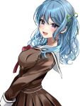  1girl :d bang_dream! blue_hair breasts brown_dress buttons commentary_request cowboy_shot double-breasted dress from_side green_ribbon hair_between_eyes hair_ribbon hanasakigawa_school_uniform long_hair long_sleeves looking_at_viewer looking_to_the_side lower_teeth_only matsubara_kanon medium_breasts neck_ribbon one_side_up pleated_dress red_ribbon ribbon roko_(pe0e07) sailor_collar school_uniform serafuku simple_background smile solo standing symbol-shaped_pupils teeth v_arms wavy_hair white_background white_sailor_collar 
