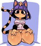 2023 :&lt; animal_crossing ankha_(animal_crossing) anthro big_breasts blue_background blue_hair blush bottomless breasts claws clothed clothing eyeshadow felid feline female front_view genitals hair hands_on_legs hands_on_thighs huesillo_skolz innie_pussy kneeling leg_grab looking_at_viewer makeup mammal markings nintendo pussy short_hair simple_background solo striped_markings striped_tail stripes tail tail_markings thick_thighs thigh_grab uraeus wraps