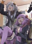  2girls animal_hood black_jacket blue_eyes blurry blurry_background breasts controller dress game_controller grey_hair hair_between_eyes hair_ornament highres hood hood_down indoors jacket kizuna_akari long_hair long_sleeves microphone multiple_girls open_clothes open_jacket open_mouth pocche-ex purple_eyes purple_hair purple_thighhighs short_hair_with_long_locks sitting sweat thighhighs voiceroid yuzuki_yukari 