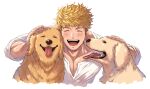  1boy animal blonde_hair blush closed_eyes dog granblue_fantasy highres large_pectorals male_focus muscular muscular_male open_mouth pectorals shirt short_hair simple_background smile vane_(granblue_fantasy) white_background white_shirt zanki 