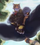 absurd_res anthro clothing epic_games felid fortnite hand_holding hi_res kawaakumma looking_at_viewer male mammal muscular muscular_male oscar_(fortnite) pantherine smile smiling_at_viewer smirk smirking_at_viewer solo spread_legs spreading tiger yellow_eyes