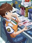  1girl absurdres bag binder blue_eyes blue_pants brown_hair chair coffee collared_shirt cup desk eating food green_necktie highres izumi_noa kidou_keisatsu_patlabor looking_at_viewer magazine_(object) mug necktie office_chair orange_vest pants plastic_bag pocky ranmaru_(jackpot_1123) shirt short_hair short_sleeves sitting solo swivel_chair tomboy uniform vest white_shirt 