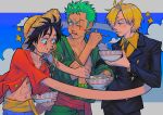  3boys abs absurdres black_hair black_suit blonde_hair blue_eyes blue_sky border bowl chewing cloud collared_shirt curly_eyebrows eating egg english_commentary food green_hair hat highres letterboxed male_focus monkey_d._luffy multiple_boys navel noodles one_piece parted_bangs parted_lips pectoral_cleavage pectorals ramen roronoa_zoro sainttufa sanji_(one_piece) scar scar_across_eye shirt short_hair sky sparkle straw_hat suit teeth upper_body v-shaped_eyebrows white_border yellow_shirt 
