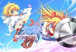  absurdres alice_margatroid bad_id bad_pixiv_id blonde_hair blue_eyes boots cherry_blossoms cloneko_(zelmeledf2) day doll hair_ribbon hairband highres polearm puppet_strings ribbon shanghai_doll sky spear touhou weapon 