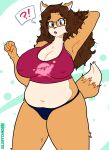 absurd_res anthro big_breasts blue_background blue_clothing blue_panties blue_underwear breasts brown_body brown_eyes brown_fur brown_hair canid canine canis cleavage clothed clothing dipstick_tail domestic_dog exclamation_point eyelashes eyewear female fur glasses hair hand_behind_head hi_res kirby kirby_(series) long_hair looking_at_viewer mammal markings natalie_(kenzakisen) navel nintendo nipple_outline open_mouth panties pink_clothing pink_topwear question_mark rectangular_glasses shiba_inu silenttandem simple_background slightly_chubby solo speech_bubble spitz tail tail_markings tan_body tan_fur thick_thighs topwear underwear white_background wide_hips