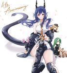  4girls animal_ears anniversary arknights balloon bare_shoulders belt black_jacket black_shorts blue_hair blush boots breasts ch&#039;en_(arknights) collared_shirt commentary_request dragon_girl dragon_horns dragon_tail green_eyes green_hair hair_between_eyes highres holding holding_balloon horns hoshiguma_yuugi jacket jacket_pull knee_boots knee_up lily0428 looking_at_viewer medium_breasts mini_person minigirl multiple_girls necktie off_shoulder oni_horns open_clothes open_jacket pink_hair red_eyes shirt short_shorts shorts single_horn size_difference sleeveless sleeveless_shirt smile solo_focus swire_(arknights) tail thighs white_shirt yellow_eyes yellow_necktie 