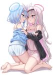  2girls arona_(blue_archive) bare_shoulders barefoot black_hairband black_jacket blue_archive blue_eyes blue_hair blue_jacket blue_shorts blush bow bow_hairband braid breasts chinese_commentary choker collarbone colored_inner_hair commentary_request feet full_body grey_eyes hair_between_eyes hair_over_one_eye hairband halo highres jacket kneeling legs light_blue_hair light_blue_shorts long_hair long_sleeves multicolored_hair multiple_girls no_shoes off_shoulder open_clothes open_jacket open_mouth pink_hair pink_shirt pink_shorts plana_(blue_archive) shadow shimokirin shirt short_hair short_shorts shorts side_braid small_breasts smile soles toes very_long_hair white_background white_hair white_hairband yuri 