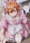  1boy 2boys animal_ears apron blonde_hair blush cat_ears chair desk dress earrings fake_animal_ears highres jewelry maid maid_apron male_focus momiji_11_12 multicolored_hair multiple_boys orange_hair otoko_no_ko pink_dress project_sekai shinonome_akito short_hair solo thighhighs yellow_eyes 