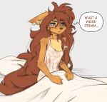 2023 anthro apogee_(tinygaypirate) bed bedding blanket breasts canid canine canis cleavage clothed clothing digital_media_(artwork) domestic_dog english_text female female_anthro fur furniture hair hi_res kemono long_hair mammal off_shoulder piercing pillow reaction_image small_breasts solo spitz tattoo text thought_bubble tinygaypirate