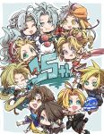  1girl 6+boys anniversary bartz_klauser blonde_hair blue_eyes blue_sweater brown_eyes brown_hair cecil_harvey chibi cloud_strife commentary_request dissidia_final_fantasy earrings final_fantasy final_fantasy_i final_fantasy_ii final_fantasy_iii final_fantasy_iv final_fantasy_ix final_fantasy_v final_fantasy_vi final_fantasy_vii final_fantasy_viii final_fantasy_x firion green_eyes grey_eyes grey_hair headband high_ponytail highres jewelry low_ponytail moogle multiple_boys onion_knight oshibainoticket parted_bangs purple_eyes short_hair spiked_hair squall_leonhart sweatdrop sweater terra_branford tidus turtleneck turtleneck_sweater warrior_of_light_(ff1) white_hair yellow_eyes zidane_tribal 