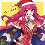  1girl blue_cape bodysuit breasts cape christmas clothing_cutout facial_mark fire_emblem fire_emblem_engage fire_emblem_heroes hair_ornament hat highres holly_hair_ornament multicolored_cape multicolored_clothes official_alternate_costume red_bodysuit red_cape santa_hat side_cutout solo star_(symbol) star_facial_mark star_hair_ornament star_print yunaka_(fire_emblem) yunaka_(fire_emblem)_(spirited_envoy) yuurururun 