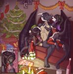 absurd_res anthro anthro_on_anthro butt christmas dragon fellatio female fuf furniture genitals group group_sex hi_res holidays kissing knot male male/female membrane_(anatomy) membranous_wings oral penile penis sex sitting sofa threesome trio wings