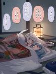  2girls blue_hair blunt_bangs bow commentary_request floral_print fujiwara_no_mokou futon hair_bow highres indoors kamishirasawa_keine lantern light_blush long_hair lying mokoiscat motion_lines multiple_girls no_headwear on_back on_side open_mouth pillow red_eyes shouji sliding_doors smile speech_bubble tatami teeth touhou translation_request under_covers upper_body upper_teeth_only white_bow white_hair 