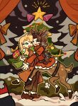  2girls ;d animal_ears bibibi454 blonde_hair blonney blue_eyes box brown_hair brown_pants bush centauroid christmas christmas_ornaments christmas_tree closed_eyes coat deer_ears deer_girl deer_tail ear_tag earrings fake_antlers flower full_body gift gift_box green_scarf hair_flower hair_ornament highres hug jessica_(reverse:1999) jewelry long_hair multiple_girls night night_sky one_eye_closed orange_coat pants plaid plaid_scarf red_curtains red_footwear red_scarf red_shirt reverse:1999 scarf shirt sky smile snow tail taur yuri 