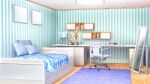  bed bedroom book ceiling_light desk desk_lamp film_grain full-length_mirror game_cg indoors izumi_tsubasu lamp no_humans non-web_source official_art picture_frame pillow re:stage! rug scenery swivel_chair trophy wallpaper_(object) wooden_floor 