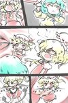  aqua_hair battle blonde_hair closed_eyes comic doku_corne fang flandre_scarlet four_of_a_kind_(touhou) heart highres komeiji_koishi laevatein multiple_girls red_eyes rolling_eyes silent_comic touhou wings 