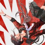  1girl black_sailor_collar brown_hair danganronpa_(series) danganronpa_v3:_killing_harmony hair_ornament hair_scrunchie hairclip harukawa_maki highres long_hair long_sleeves low_twintails miniskirt orenorenji plaid plaid_skirt red_background red_eyes red_scrunchie red_shirt ribbon sailor_collar scrunchie shirt skirt solo twintails upside-down white_background white_ribbon 