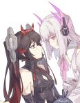  2girls bare_shoulders black_dress black_hair chin_guard dress fake_horns gold_trim gradient_hair grey_dress grey_hair headgear headphones horns liv_(punishing:_gray_raven) long_hair lucia:_dawn_(punishing:_gray_raven) lucia_(punishing:_gray_raven) mechanical_arms multicolored_hair multiple_girls pink_eyes punishing:_gray_raven red_eyes red_hair red_horns short_dress sidelocks sleeveless sleeveless_dress streaked_hair white_background zocehuy 