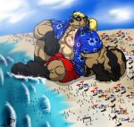 2008 abs anchor anthro beach biceps big_bulge big_feet big_muscles black_markings blonde_hair blue_clothing blue_eyes blue_shirt blue_topwear bottomwear brown_body brown_fur bulge clothed clothing cloud eyebrows feet floral_pattern floral_shirt fur gentle_giant gloves_(marking) group hair jewelry juano leg_markings looking_away macro male mammal markings muscular muscular_anthro muscular_male necklace paws pecs ponytail procyonid raccoon red_bottomwear red_clothing red_shorts sea seaside shirt shorts sitting sky socks_(marking) solo_focus striped_markings striped_tail stripes tail tail_markings topwear water