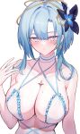  1girl absurdres alternate_costume bare_shoulders bikini blue_eyes blue_hair blush breasts cleavage collarbone earrings english_commentary flower griseo griseo_(cosmic_expression) hair_between_eyes hair_flower hair_ornament highres honkai_(series) honkai_impact_3rd jewelry large_breasts light_blue_hair long_hair looking_at_viewer lysh mole mole_on_breast parted_lips solo sweat swimsuit upper_body white_background white_bikini 