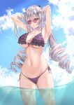  1girl absurdres adjusting_hair alternate_costume armpits arms_up bare_shoulders bikini blush breasts bronya_zaychik bronya_zaychik_(silverwing:_n-ex) cloud cloudy_sky commentary_request cowboy_shot day drill_hair frilled_bikini frills front-tie_bikini_top front-tie_top glasses grey_eyes grey_hair hair_between_eyes highres honkai_(series) honkai_impact_3rd large_breasts long_hair looking_at_viewer match_(scp115) navel outdoors parted_lips pince-nez presenting_armpit purple_bikini rimless_eyewear side-tie_bikini_bottom sky solo standing stomach swimsuit twin_drills underboob wading water 