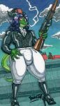 2023 2_horns 4_fingers absurd_res anthro artist_name blue_sky boots bulge bullet cigarette clawed_fingers claws clothing detailed_background dragon eyelashes finger_claws fingers footwear graphite_(artwork) green_body green_scales gun hair hand_on_hip hand_on_own_hip hi_res high_heeled_boots high_heels horn lightfeather long_tail looking_at_viewer male marker_(artwork) outside parasitedeath pencil_(artwork) purple_hair ranged_weapon red_eyes rifle scales scalie sharp_teeth signature sky smoking smoking_cigarette solo tail teeth thick_thighs traditional_media_(artwork) weapon