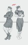  absurdres boots cammy_white chun-li coat crossed_arms highres monochrome notepad pen phone scar simple_background street_fighter trench_coat zenkiro 