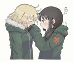  2girls ahoge black_eyes black_hair blonde_hair blush breathing_on_another&#039;s_hands chito_(shoujo_shuumatsu_ryokou) closed_eyes coat fur_trim gloves hair_between_eyes highres long_hair long_sleeves low_twintails meme military military_uniform multiple_girls nuko_(shoujo_shuumatsu_ryokou) pants shoujo_shuumatsu_ryokou sidelocks simple_background smile twintails uniform white_background yoyohachi yuri yuuri_(shoujo_shuumatsu_ryokou) 