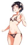  1girl absurdres bikini black_bikini black_hair blush breasts cameltoe cowboy_shot embarrassed highres hometa navel original red_eyes short_hair side-tie_bikini_bottom simple_background small_breasts solo stomach sweatdrop swimsuit thighs white_background 