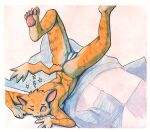 anthro bed bed_sheet bedding breasts domestic_cat felid feline felis female fur furniture genitals hi_res mammal nude one_eye_closed paoguu pawpads pink_pawpads pussy solo tail tongue tongue_out upside_down yellow_body yellow_fur